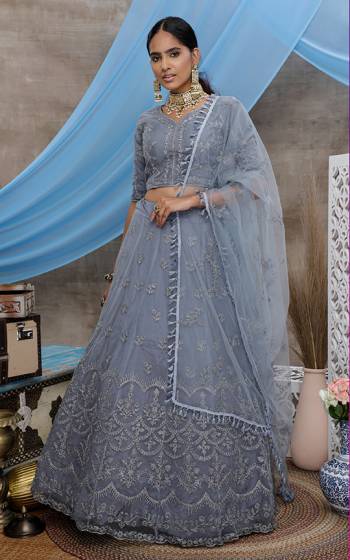 You Will Definitely Earn Lots Of Compliments Wearing This Heavy Designer Lehenga Choli In Grey Color. Its Blouse, Lehenga And Dupatta Are Fabricated On Net Beautified With Attractive Embroidery Work. 