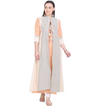 Celebrate This Festive Season With Beauty And Comfort Wearing This Designer Pair Of Kurti. This Pretty Kurti Is In Light Orange Color Paired With Cream Colored Jacket. This Kurti And Jacket Are Fabricated On Cotton Beautified With Prints And Thread Work. 