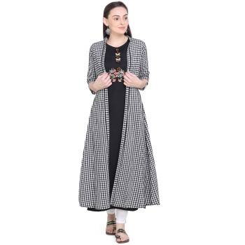 Celebrate This Festive Season With Beauty And Comfort Wearing This Designer Pair Of Kurti. This Pretty Kurti Is In Black Color Paired With Black And White Colored Jacket. This Kurti And Jacket Are Fabricated On Cotton Beautified With Prints And Thread Work. 