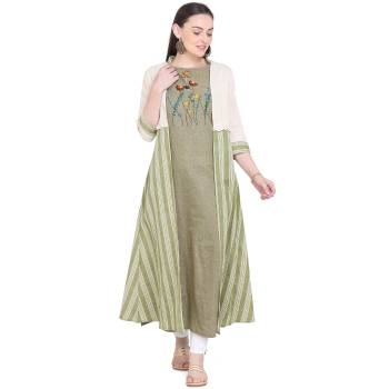 Celebrate This Festive Season With Beauty And Comfort Wearing This Designer Pair Of Kurti. This Pretty Kurti Is In Olive Green Color Paired With Cream And Olive Green Colored Jacket. This Kurti And Jacket Are Fabricated On Cotton Beautified With Prints And Thread Work. 