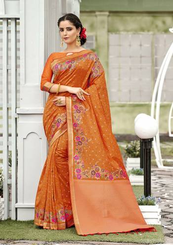 For A Proper Traditional Look, Grab This Designer Silk Based Saree In Orange Color. This Saree Is Fabricated On Banarasi Silk Paired With Art Silk Fabricated Blouse, Beautified With Attractive Floral Weave. 