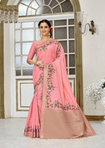 For A Proper Traditional Look, Grab This Designer Silk Based Saree In Light Pink Color. This Saree Is Fabricated On Banarasi Silk Paired With Art Silk Fabricated Blouse, Beautified With Attractive Floral Weave. 