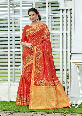 For A Proper Traditional Look, Grab This Designer Silk Based Saree In Dark Orange Color. This Saree Is Fabricated On Banarasi Silk Paired With Art Silk Fabricated Blouse, Beautified With Attractive Floral Weave. 