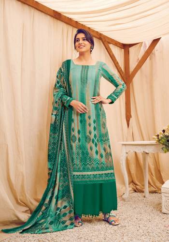 Look Pretty Wearing This Lovely Suit For The Upcoming Winters In Sea Green Color. Its Top, Bottom And Dupatta Are Fabricated On Wool Pashmina Beautified With Prints And Stone Work. Buy This Suit Now.