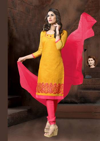 Grab This Designer Straight Suit In Yellow Color Paired With Contrasting Dark Pink Colored Bottom And Dupatta. Its Thread Embroidered Top Is Fabricated On Modal Silk Paired With Cotton Bottom And Chiffon Fabricated Dupatta. It Is Light In Weight and Easy To Carry All Day Long. 