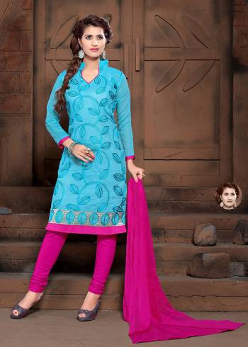 For Your Casual Or Semi-Casual Wear, Grab This Designer Straight Suit In Sky Blue Color Paired With Contrasting Rani Pink Colored Bottom And Dupatta. Its Top Is Fabricated On Modal Silk Paired With Cotton Bottom And Chiffon Fabricated Dupatta. 