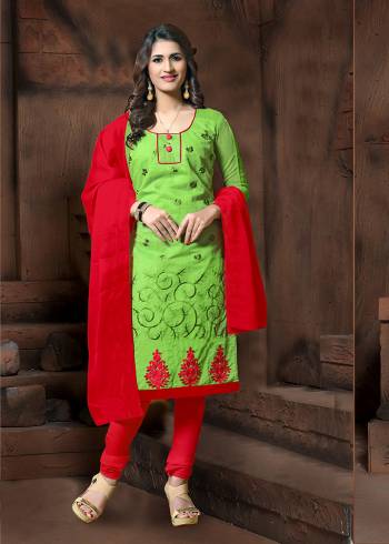 Grab This Designer Straight Suit In Green Color Paired With Contrasting Red Colored Bottom And Dupatta. Its Thread Embroidered Top Is Fabricated On Modal Silk Paired With Cotton Bottom And Chiffon Fabricated Dupatta. It Is Light In Weight and Easy To Carry All Day Long. 