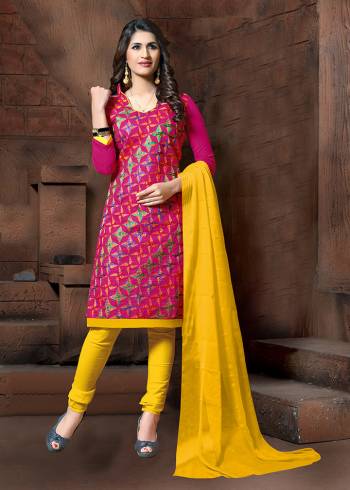 Simple Dress Material Is Here In Dark Pink Colored Top Paired With Yellow Colored Bottom and Dupatta. Its Top Is Modal Silk Based Paired With Cotton Bottom And Chiffon Fabricated Dupatta. It Top Is Beautified With Thread Embroidery Work. 