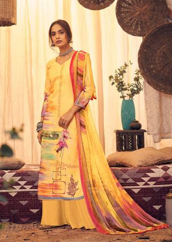 Here Is A Very Pretty And Trendy Straight suit In Yellow Color. Its Top And Bottom Are Fabricated On Wool Pashmina Paired With Chiffon Based Dupatta, This Pretty Suit Is Suitable For The Upcoming Winters, Buy Now.