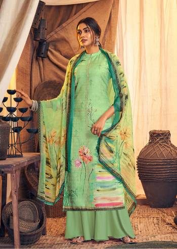 Get Ready For The Upcoming Winters Wearing This Designer Straight Suit In Light Green Color. Its Pretty Top And bottom Are Fabricated On Wool Pashmina Paired With Chiffon Fabricated Dupatta. It Is Beautified with Prints And Stone Work.