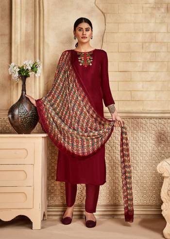 Grab This Very Beautiful And Elegant Looking Designer Straight Suit In Maroon Color Paired With Multi Colored Dupatta. Its Pretty Elegant Embroidered Top Is Fabricated On Satin Silk Paired With Santoon Bottom and Viscose Muslin Fabricated Printed Dupatta. 