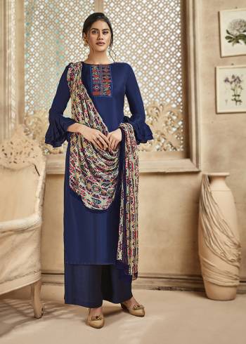 Grab This Very Beautiful And Elegant Looking Designer Straight Suit In Royal Blue Color Paired With Multi Colored Dupatta. Its Pretty Elegant Embroidered Top Is Fabricated On Satin Silk Paired With Santoon Bottom and Viscose Muslin Fabricated Printed Dupatta. 