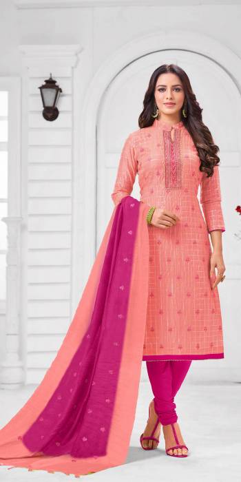 Add This Pretty Suit To Your Wardrobe In Peach colored Top Paired With Contrasting Rani Pink Colored Bottom and Dupatta. Its Top Is Fabricated On Modal Silk Paired With Cotton Bottom and Dupatta. 