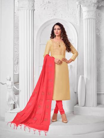 Add This Pretty Suit To Your Wardrobe In Cream colored Top Paired With Contrasting Crimson Red Colored Bottom and Dupatta. Its Top Is Fabricated On Modal Silk Paired With Cotton Bottom and Dupatta. 