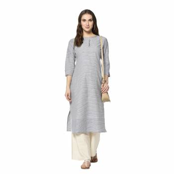 For Your Casual Wear, Grab This Pretty Readymade Straight Kurti In Grey Color Fabricated On Cotton. This Kurti Can Be Paired With Same Or Contrasting Colored Pants, Leggings Or Plazzo.