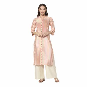 Add This Pretty Kurti To Your Wardrobe In Light Orange Color. This Readymade Kurti Is Fabricated On Cotton With Lining Prints. It Is Light In Weight And Easy To Carry All Day Long .