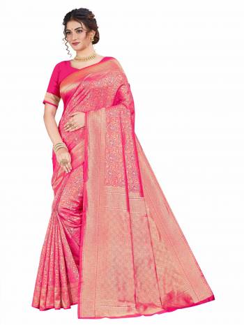 Here Is An Attractive Looking Heavy Weaved Designer Saree In Rani Pink Color. This Saree and Blouse Are Fabricated On Art Silk Beautified With Detailed Weave. Buy Now.
