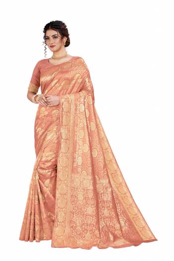 Here Is An Attractive Looking Heavy Weaved Designer Saree In Peach Color. This Saree and Blouse Are Fabricated On Art Silk Beautified With Detailed Weave. Buy Now.