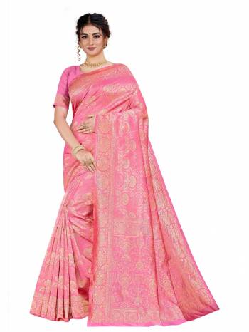 Celebrate This Festive Season With Beauty And Comfort Wearing This Designer Silk Based Saree In Pink Color. This Saree And Blouse Are Fabricated on Art Silk Beautified With Heavy Weave. 