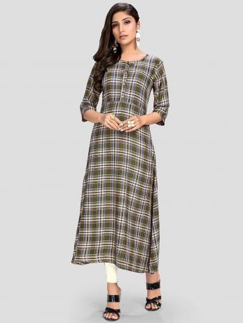 Here Is A Simple And Elegant Looking Readymade Kurti In Olive Green Color Fabricated On Rayon. This Kurti Is Light In Weight And Can Be Paired With Same Or Contrasting Colored Bottom.