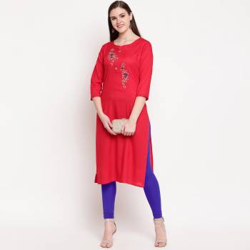 Add This Pretty Simple Kurti To Your Wardrobe In Red color Fabricated On Rayon. This Readymade Kurti Is Suitable For Daily Or Office Wear. 