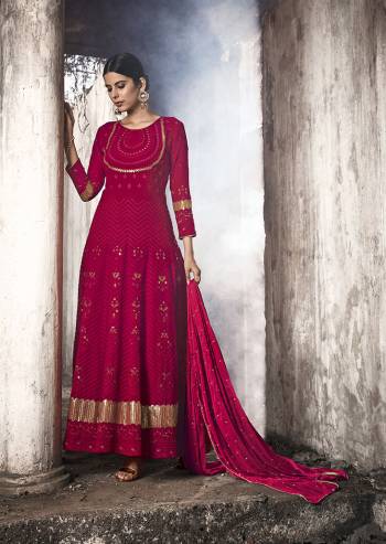 Grab This Heavy Designer Floor Length Suit Is In Attractive Red Color. Its Heavy Embroidered Top Is Fabricated On Georgette Paired With Santoon Bottom And Chiffon Fabricated Dupatta. Buy This Lovely Lakhnavi Embroidered Floor Length Suit Now.