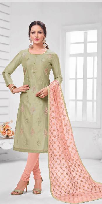 Simple And Elegant Looking Designer Straight Suit Is Here In Light Green Color Paired With Light Peach Colored bottom And Dupatta. Its Top Is Fabricated On Modal Silk Paired With Cotton Bottom and Orgenza Cotton Dupatta.?