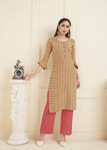 Here Is A Printed Readymade Straight Cut Kurti For Your Casual Or Semi-Casual Wear In Beige Color. This Lining Printed Kurti Is Fabricated On Cotton And Can Be Paired With Same Or Contrasting Colored Leggings, Pants Or Plazzo. Buy now.