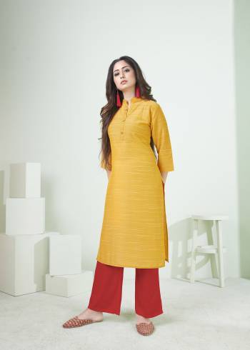 Here Is A Pretty Simple Lining Printed Readymade Kurti In Yellow Color. This Pretty Kurti Is Fabricated On Cotton And It Can Be Paired With Pants, Plazzo Or Leggings. Also It Is Available In All Regular Sizes. Buy Now.