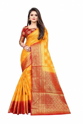 Celebrate This Festive Season In A Proper Traditonal Look Wearing This Silk Based Saree In Musturd Yellow Color Paired With Red Colored Blouse. This Saree And Blouse Are Fabricated On Art Silk Beautified with Weave. 