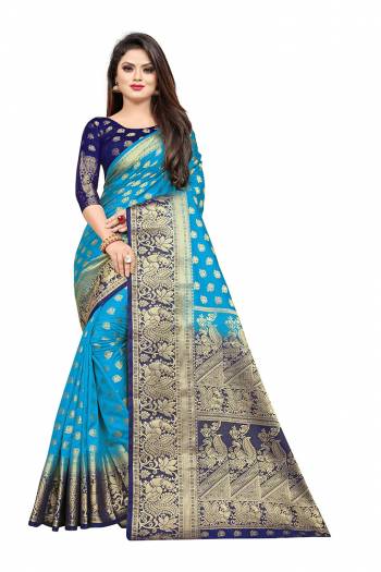 Grab This Beautiful Designer Weaved Saree In Blue color Paired With Royal Blue Colored Blouse. This Saree And Blouse Are Fabricated On Art Silk Which Also Gives A Rich Look To Your Personality. 