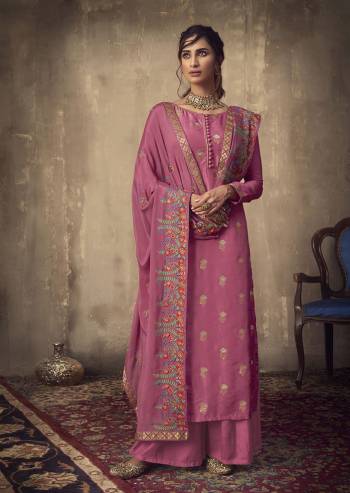 Celebrate This Festive Season Wearing This Designer Straight Suit In Pink Color. Its Pretty Top Is Jacquard Silk Based Paired With Santoon Bottom And Chinon Chiffon Fabricated Dupatta. 