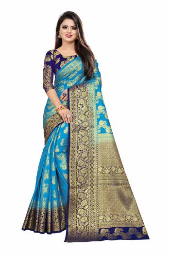 Grab This Beautiful Designer Weaved Saree In Blue color Paired With Royal Blue Colored Blouse. This Saree And Blouse Are Fabricated On Art Silk Which Also Gives A Rich Look To Your Personality. 