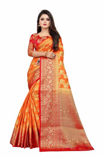 Celebrate This Festive Season In A Proper Traditonal Look Wearing This Silk Based Saree In Orange Color Paired With Red Colored Blouse. This Saree And Blouse Are Fabricated On Art Silk Beautified with Weave. 