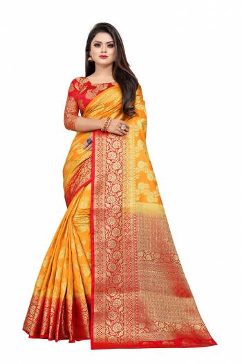 Celebrate This Festive Season In A Proper Traditonal Look Wearing This Silk Based Saree In Musturd Yellow Color Paired With Red Colored Blouse. This Saree And Blouse Are Fabricated On Art Silk Beautified with Weave. 