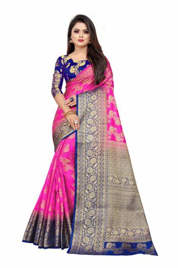 Grab This Beautiful Designer Weaved Saree In Rani Pink color Paired With Royal Blue Colored Blouse. This Saree And Blouse Are Fabricated On Art Silk Which Also Gives A Rich Look To Your Personality. 