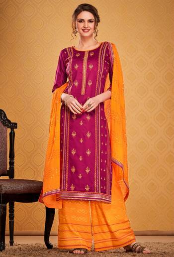 Look Attractive Wearing This Pretty Designer Straight suit In Dark Pink Colored Top Paired With Contrasting Orange Colored Bottom and Dupatta. Its Top Is Cotton Silk Based Paired With Rayon Silk Bottom And Chinon Dupatta. Its Fabrics Gives A Rich Look To Your Personality. 