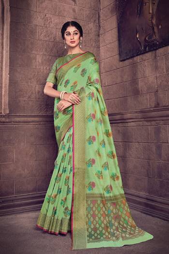 Flaunt Your Rich And Elegant Taste Wearing This Light Green Color Designer Saree. This Saree And Blouse Are Fabricated On Cotton Handloom Beautified With Weave All Over. 