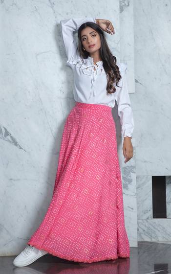 Grab This Pretty Readymade Designer Skirt Top In White Colored Top Paired With Pink Colored Skirt. Its Plain Top Is Fabricated On Cotton Paired With Rayon Fabricated Printed Skirt. 