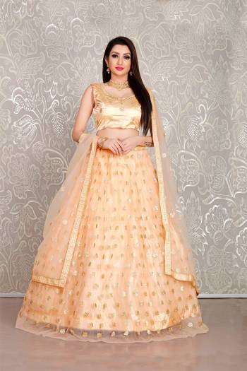 Simple And Elegant Looking Designer Lehenga Choli Is Here In All Over Peach Color. This Lehenga Choli IS Net Based Beautified With Pretty Attractive Embroidered Buttis. 