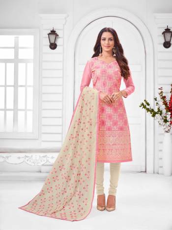 Grab This Designer Straight Suit For Your Semi-Casual Wear In Pink Color Paired With Off-White Colored Bottom and Dupatta. Its Top and Dupatta Are Modal Silk Based Paired With Cotton Bottom.