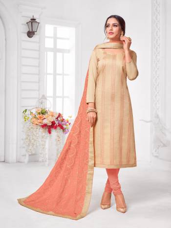 Grab This Designer Straight Suit For Your Semi-Casual Wear In Beige Color Paired With Peach Colored Bottom and Dupatta. Its Top and Dupatta Are Modal Silk Based Paired With Cotton Bottom.