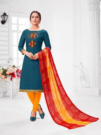 Here Is A Pretty Designer Straight Suit In Blue Color Paired With Contrasting Yellow And Red Colored Bottom and Dupatta. Its Top Is Modal Silk Based Paired With Cotton Bottom and Chiffon Dupatta. All Its Fabrics Are Light Weight And Easy To Carry All Day Long. 