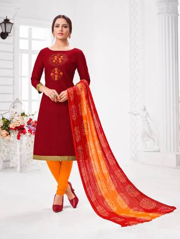 Here Is A Pretty Designer Straight Suit In Red Color Paired With Contrasting Red And Orange Colored Bottom and Dupatta. Its Top Is Modal Silk Based Paired With Cotton Bottom and Chiffon Dupatta. All Its Fabrics Are Light Weight And Easy To Carry All Day Long. 