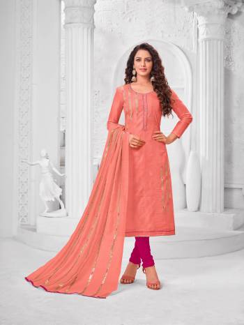 Grab This Designer Straight Suit For Your Semi-Casual Wear In Peach Color Paired With Magenta Pink Colored Bottom And Peach Colored Dupatta. Its Top Is Fabricated On Modal Silk Paired With Cotton Bottom And Dupatta. 