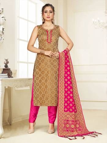 Grab This Pretty Designer Straight Suit In Beige Color Paired With Rani Pink Colored Bottom And Dupatta. Its Top, Bottom And Dupatta Are Fabricated On Cotton Silk Beautified With Weave. 