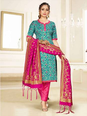 Celebrate This Festive Season Wearing this Designer Straight Suit In Blue And Rani Pink Color Paired With Rani Pink Colored Dupatta. Its Top, Bottom And Dupatta Are Fabricated Banarasi Art Silk Beautified With Weave. Buy This  Suit Now.