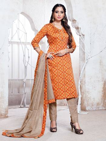 Flaunt Your Rich And Elegant Taste Wearing This Pretty Orange And Beige Colored Straight Suit. Its Top, Bottom And Dupatta Are Fabricated On Cotton Silk Which Gives A Rich Look To Your Personality. 