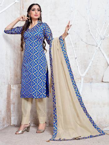 Add This Pretty Simple Straight Suit To Your Wardrobe In Royal Blue and Cream Color. This Suit Is Fabricated On Cotton Silk Which Is Durable, Soft Towards Skin And Easy To Carry All Day Long. 