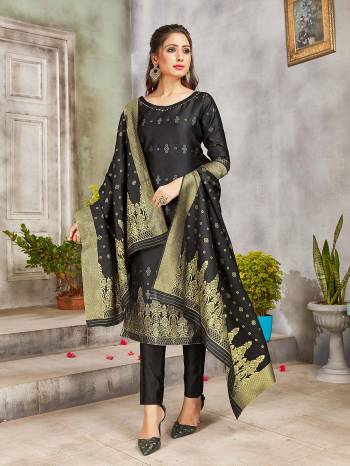 Celebrate This Festive Season Wearing this Designer Straight Suit In Black Color. Its Top, Bottom And Dupatta Are Fabricated Banarasi Art Silk Beautified With Weave. Buy This  Suit Now.